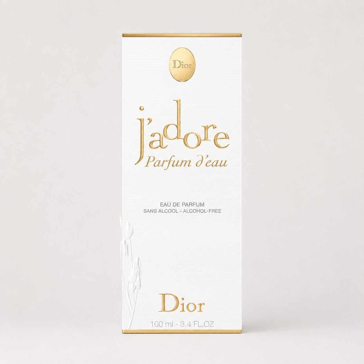 Caja blanca de perfume Dior J'adore Parfum d'Eau de Ricky Luxury con letras doradas y relieve floral