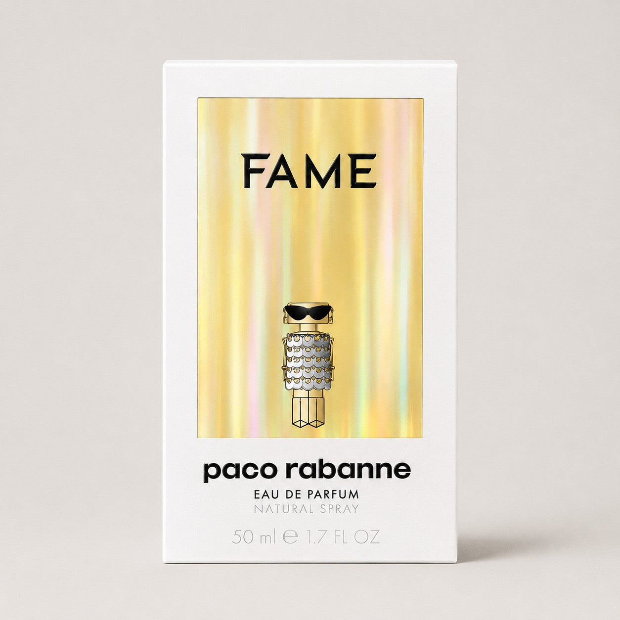 Caja de perfume Paco Rabanne Fame de Ricky Luxury con diseño dorado brillante y gráfico de frasco icónico