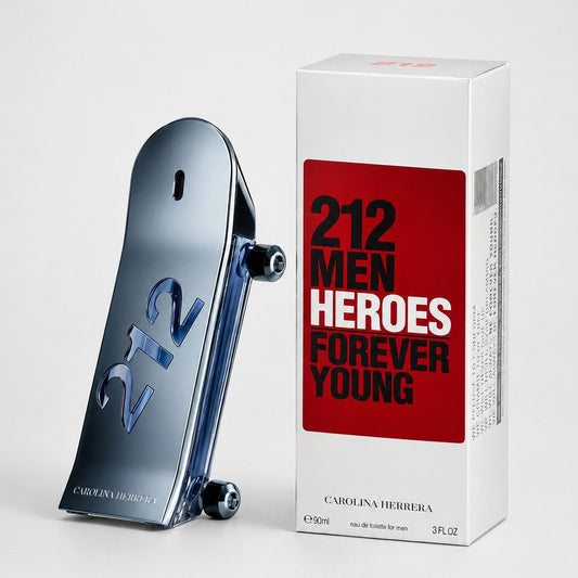 Perfume Carolina Herrera 212 Men Heroes Forever Young con frasco azul metálico en forma de monopatín y caja blanca