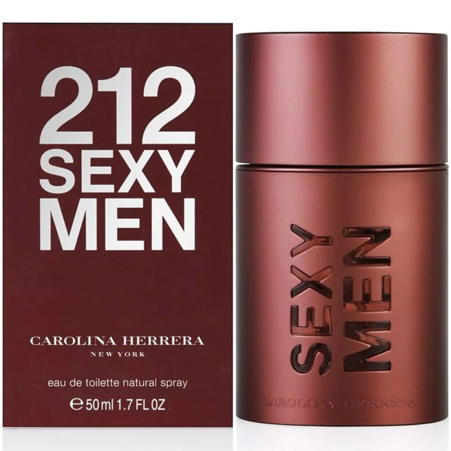 Perfume Carolina Herrera 212 Sexy Men de Ricky Luxury en frasco metálico color burdeos con caja a juego