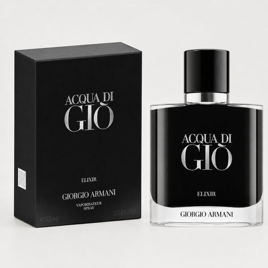 Perfume Giorgio Armani Acqua di Gio Elixir de Ricky Luxury en frasco de cristal negro con caja a juego