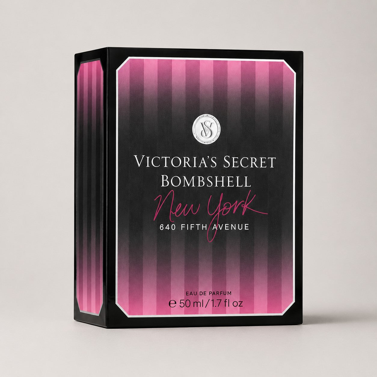Caja de perfume Victoria's Secret Bombshell New York de Ricky Luxury con diseño de rayas rosas y negras