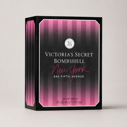 Caja de perfume Victoria's Secret Bombshell New York de Ricky Luxury con diseño de rayas rosas y negras