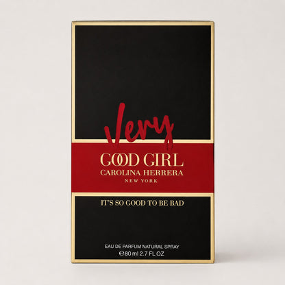 Caja de perfume Ricky Luxury Carolina Herrera Good Girl Rojo con diseño elegante en negro, rojo y detalles dorados.