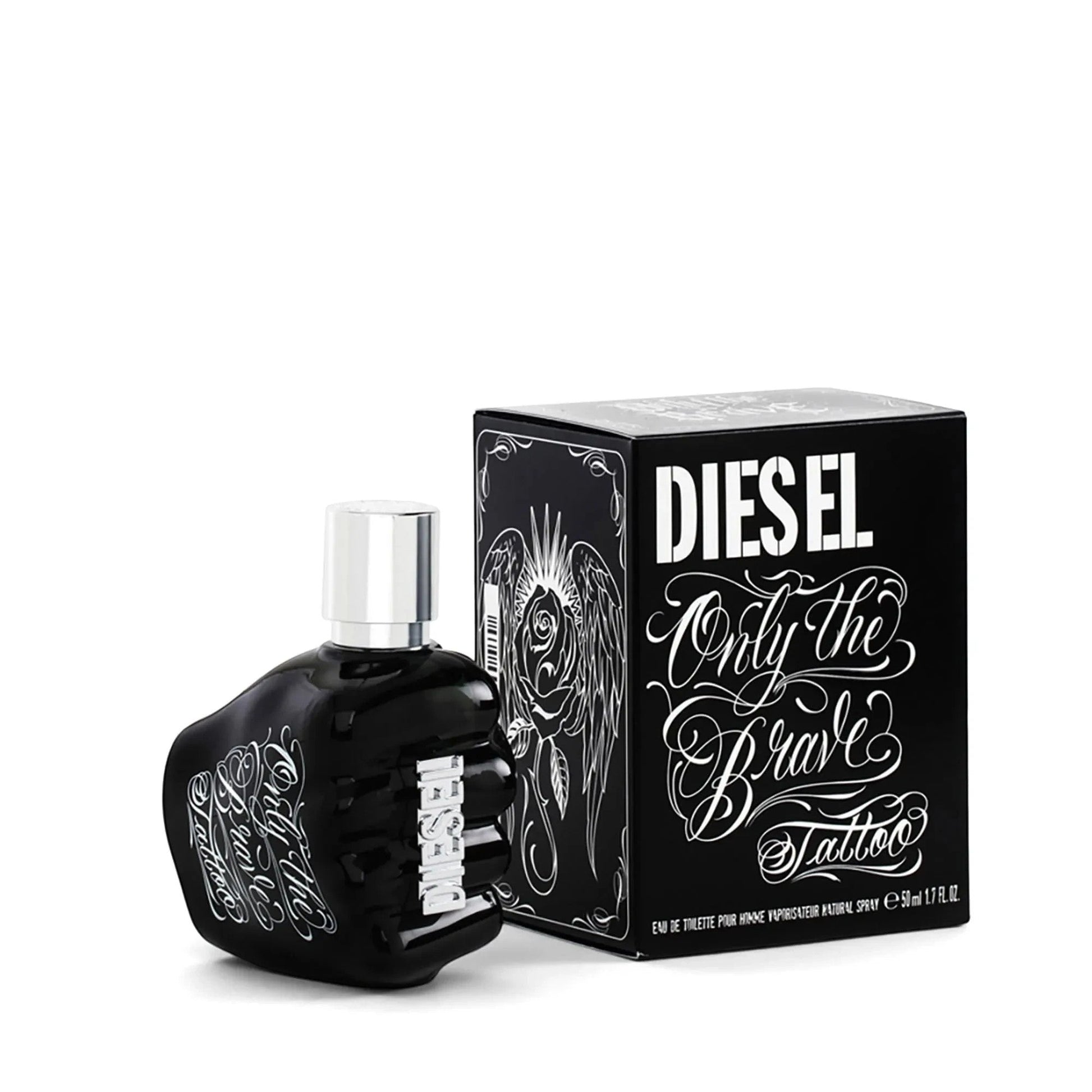 Perfume Diesel Only The Brave Tattoo de Ricky Luxury en frasco negro con forma de puño y caja decorada