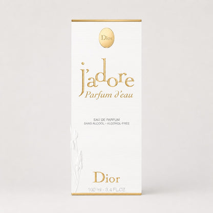 Caja blanca de perfume Dior J'adore Parfum d'Eau de Ricky Luxury con letras doradas y relieve floral