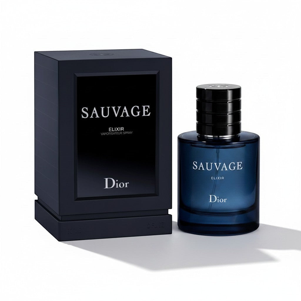 Perfume Dior Sauvage Elixir de Ricky Luxury en frasco de vidrio azul oscuro junto a su caja negra elegante