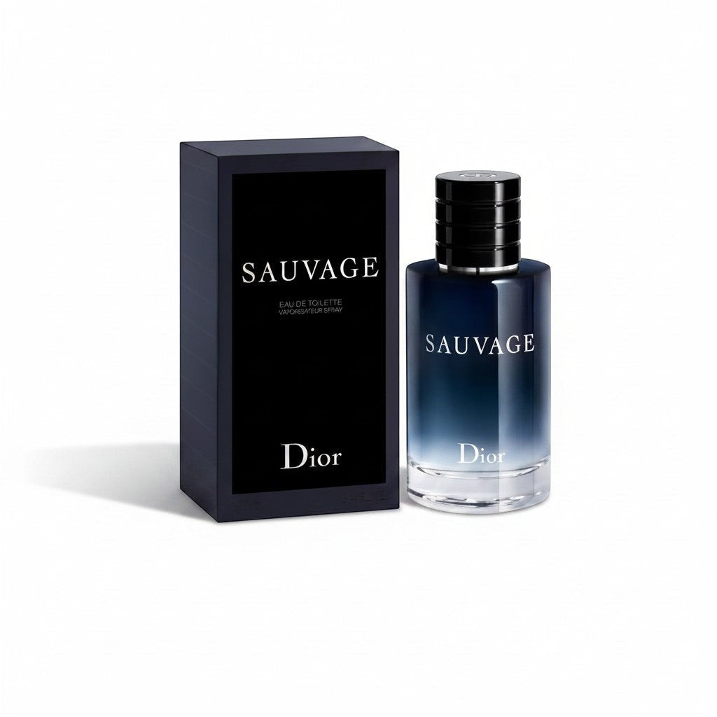 Perfume Dior Sauvage Eau de Parfum de Ricky Luxury con frasco de cristal degradado y caja negra elegante
