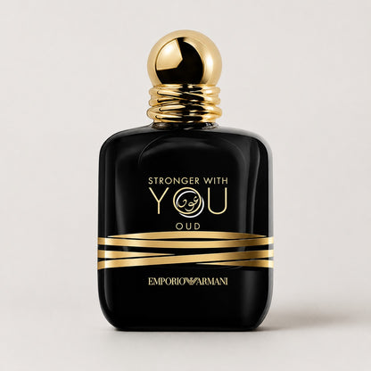 Perfume Emporio Armani Stronger With You Oud de Ricky Luxury en frasco negro elegante con detalles dorados