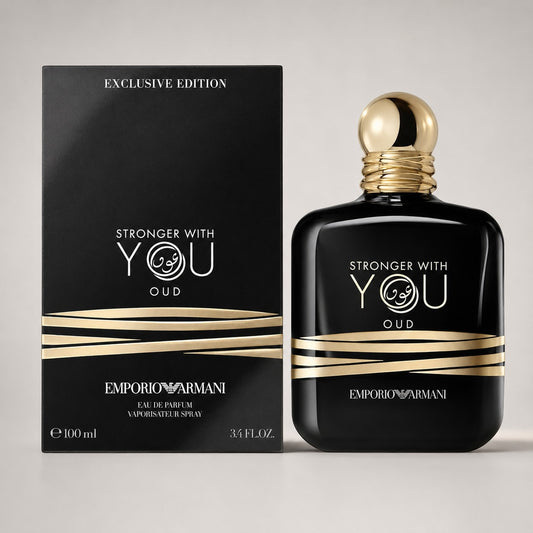 Perfume Emporio Armani Stronger With You Oud de Ricky Luxury en frasco negro con detalles dorados y caja a juego