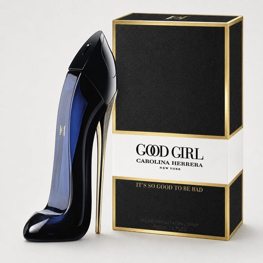 Perfume Carolina Herrera Good Girl Azul de Ricky Luxury con frasco en forma de zapato de tacón azul y caja elegante