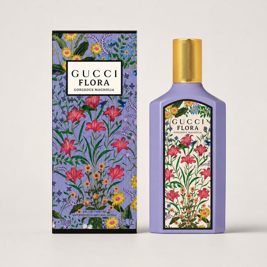 Perfume Gucci Flora Gorgeous Magnolia de Ricky Luxury en frasco morado con diseño floral y caja a juego