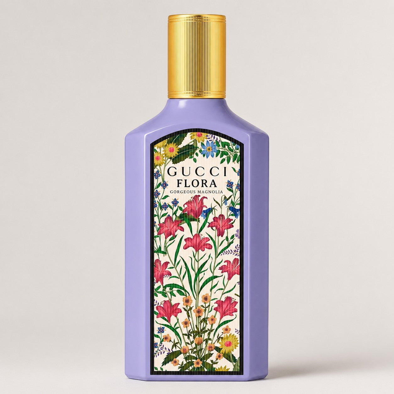Perfume Gucci Flora Gorgeous Magnolia de Ricky Luxury en frasco morado con tapón dorado y estampado floral vintage
