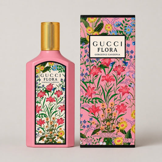 Perfume Gucci Flora Gorgeous Gardenia de Ricky Luxury en frasco rosa con diseño floral y caja a juego