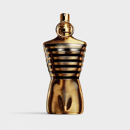 Frasco de perfume Jean Paul Gaultier Le Male Elixir en Ricky Luxury con diseño de torso dorado y rayas negras