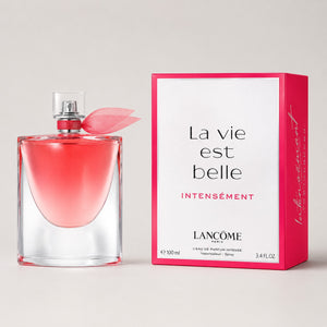 Perfume Lancome La Vie Est Belle Intensement de Ricky Luxury con frasco de cristal rosa y caja a juego