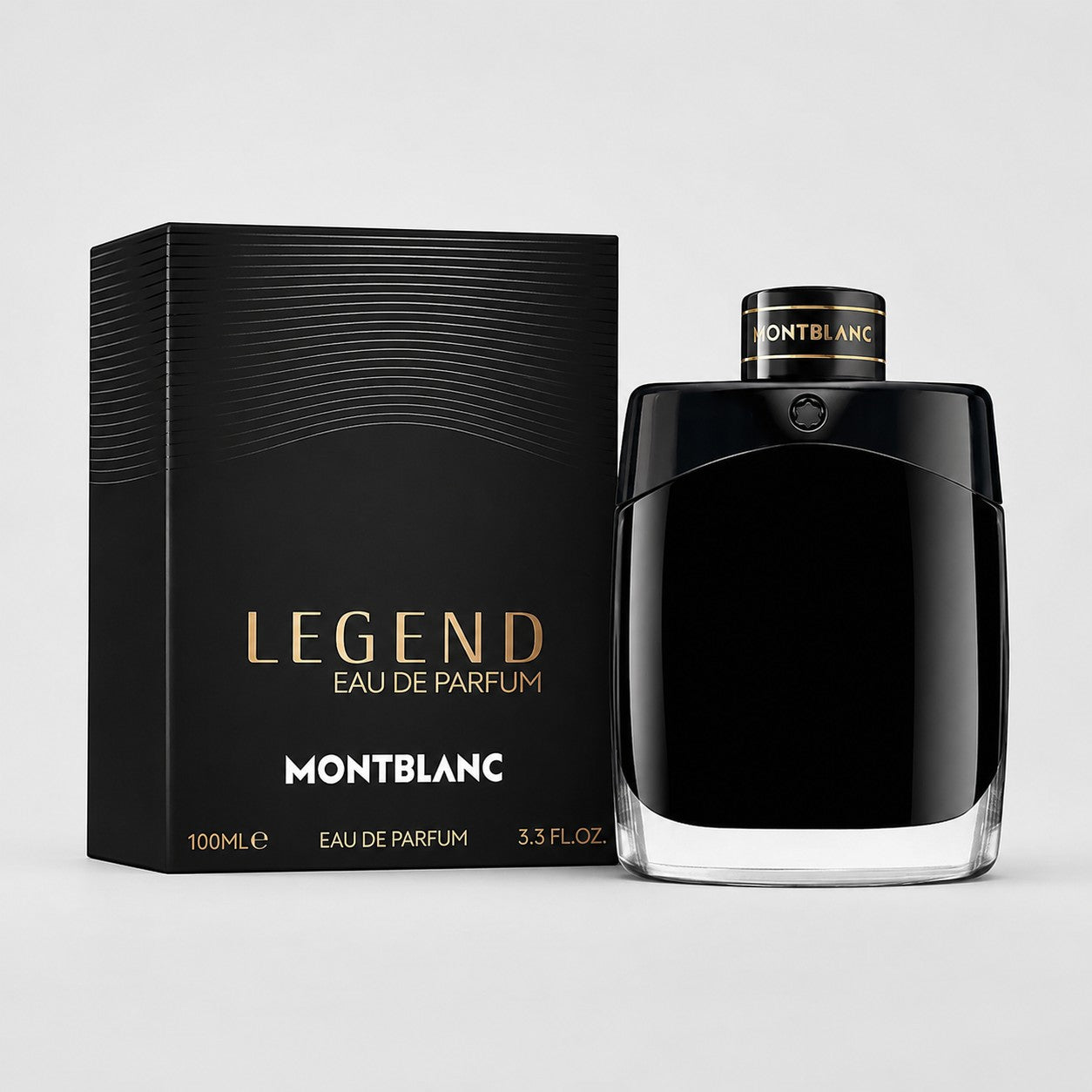 Perfume Montblanc Legend Eau de Parfum de Ricky Luxury en frasco negro elegante junto a su caja original