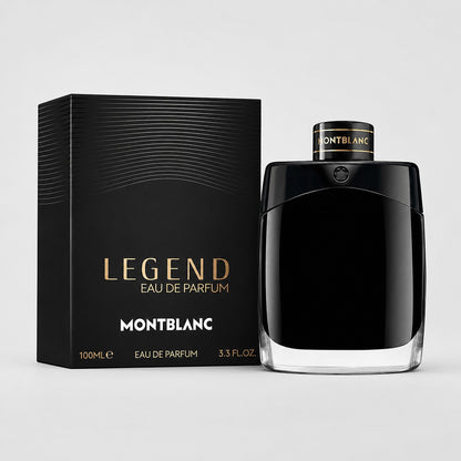Perfume Montblanc Legend Eau de Parfum de Ricky Luxury en frasco negro elegante junto a su caja original