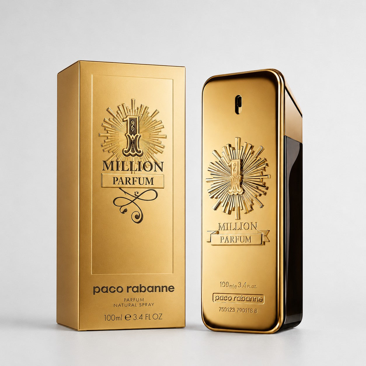 Perfume Paco Rabanne 1 Million Parfum en frasco dorado icónico junto a su caja de presentación en Ricky Luxury