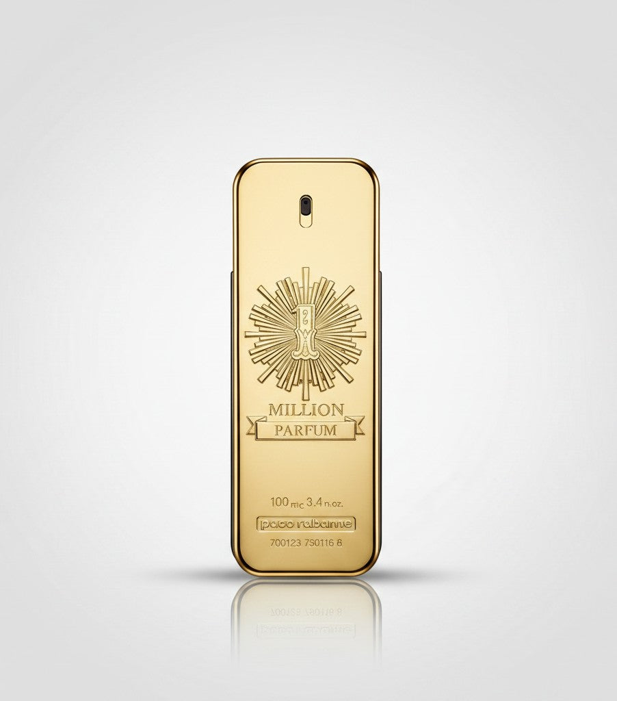 Frasco de perfume Paco Rabanne 1 Million Parfum en forma de lingote de oro, disponible en Ricky Luxury.