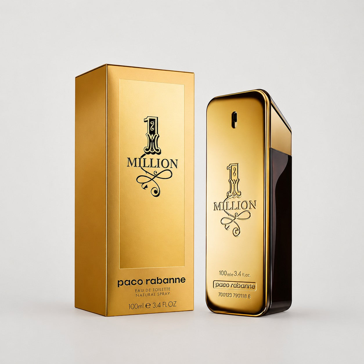 Perfume Paco Rabanne 1 Million de Ricky Luxury en frasco dorado con su caja original sobre fondo neutro