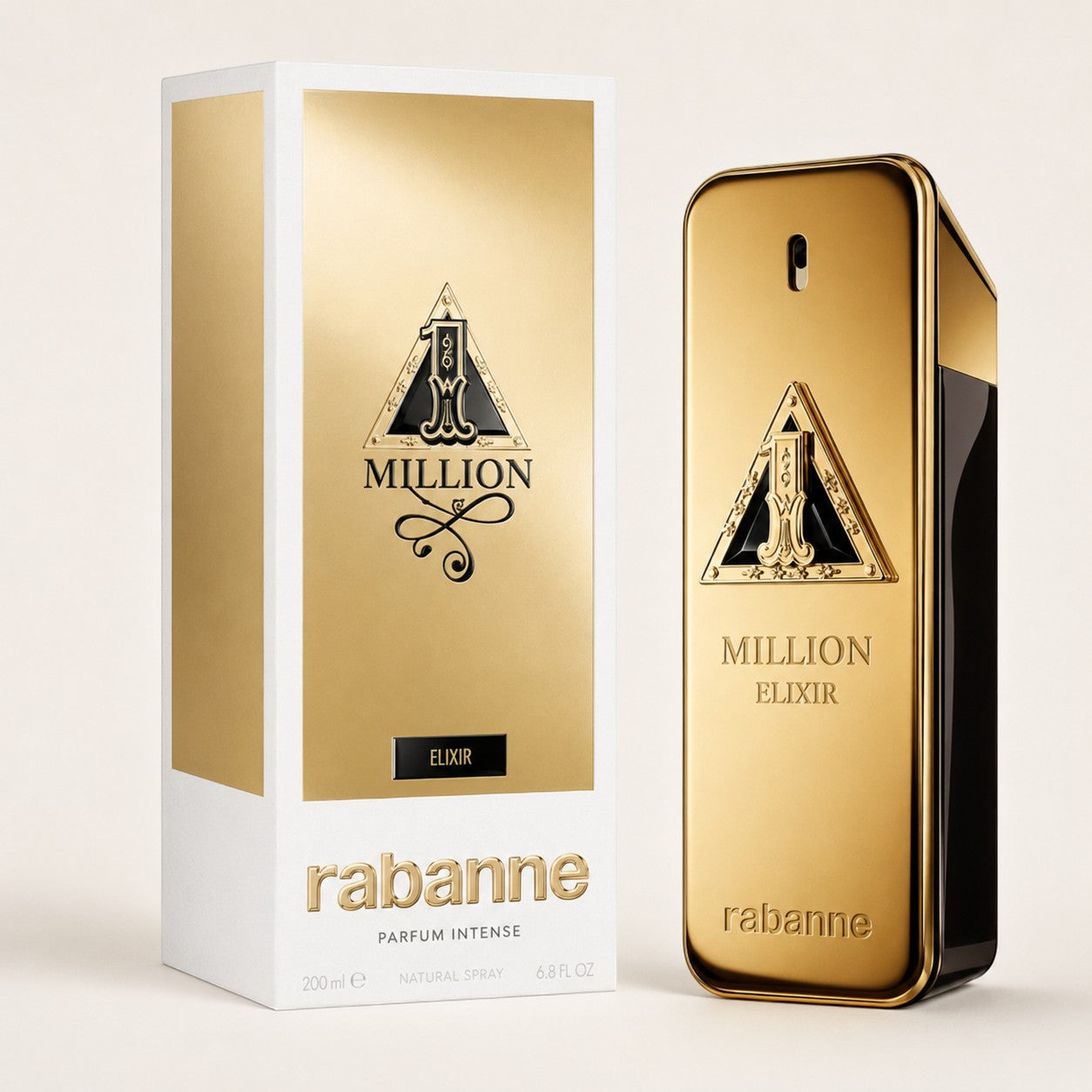 Perfume Paco Rabanne 1 Million Elixir de Ricky Luxury en frasco dorado icónico junto a su caja blanca y dorada