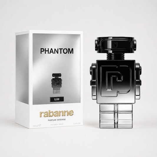 Perfume Paco Rabanne Phantom Elixir de Ricky Luxury en frasco negro con forma de robot junto a su caja plateada.