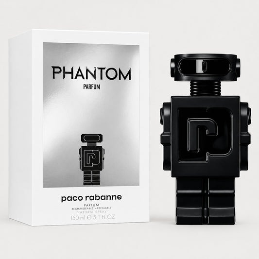 Perfume Paco Rabanne Phantom de Ricky Luxury en frasco negro con forma de robot junto a su caja blanca y plateada.