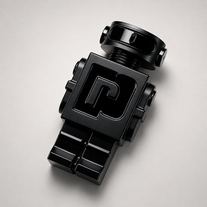 Frasco de perfume Paco Rabanne Phantom con diseño de robot negro brillante, disponible en Ricky Luxury