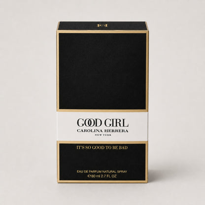 Caja de perfume Carolina Herrera Good Girl Negro de Ricky Luxury con diseño elegante en negro, blanco y detalles dorados.