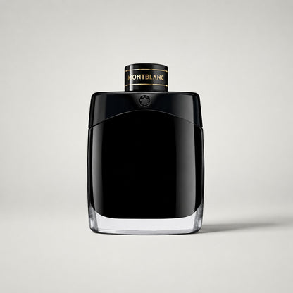 Frasco de perfume Montblanc Legend de Ricky Luxury en color negro brillante con tapa cilíndrica y detalles dorados