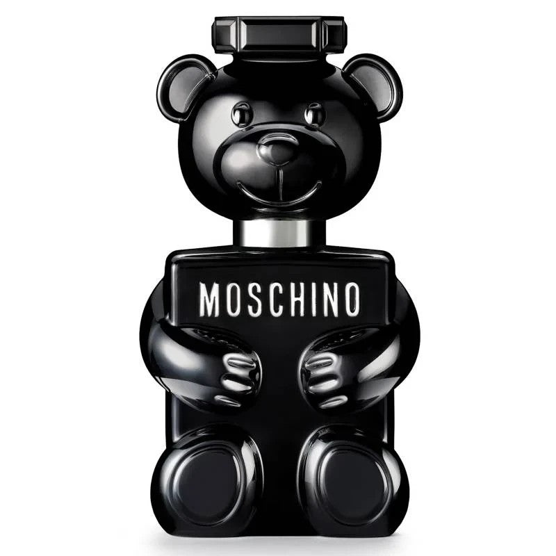 Perfume Moschino Toy Boy de Ricky Luxury en frasco de vidrio negro brillante con forma de oso