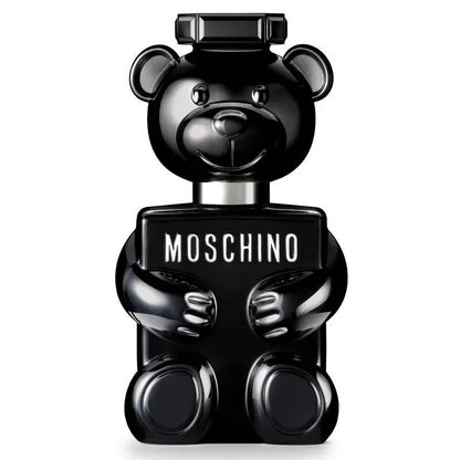 Perfume Moschino Toy Boy de Ricky Luxury en frasco de vidrio negro brillante con forma de oso