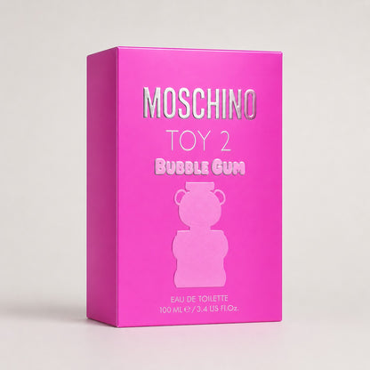 Caja de perfume Ricky Luxury Moschino Toy 2 Bubble Gum de color rosa vibrante con diseño de oso en relieve