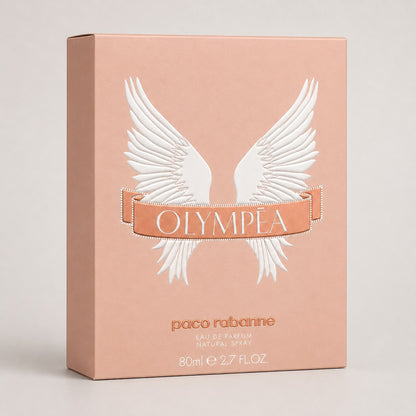 Caja de perfume Paco Rabanne Olympea en color rosa con diseño de alas blancas, disponible en Ricky Luxury.