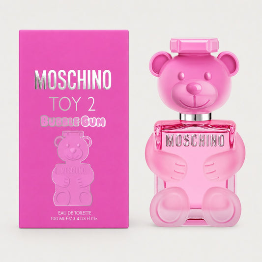 Perfume Moschino Toy 2 Bubble Gum de Ricky Luxury en frasco de cristal rosa con forma de oso y su caja a juego