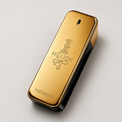 Frasco de perfume Paco Rabanne 1 Million de Ricky Luxury con diseño rectangular dorado y detalles en negro