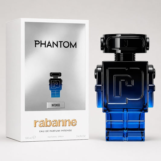 Perfume Paco Rabanne Phantom Intense de Ricky Luxury en frasco con forma de robot azul degradado y caja plateada
