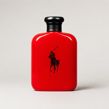 Frasco de perfume Ralph Lauren Polo Red de Ricky Luxury en color rojo brillante con el logo negro del jugador de polo