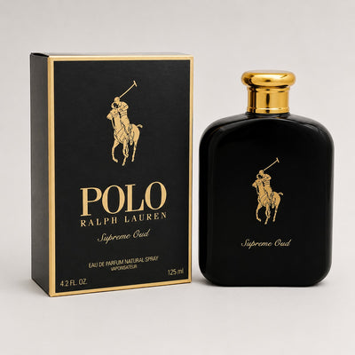 Perfume Ralph Lauren Polo Supreme Oud de Ricky Luxury en frasco negro con detalles dorados y su caja original
