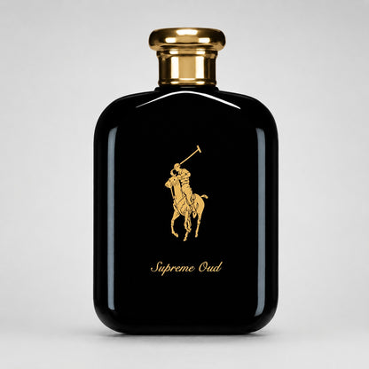 Frasco de perfume Ricky Luxury Ralph Lauren Polo Supreme Oud en vidrio negro brillante con tapón y logo dorados