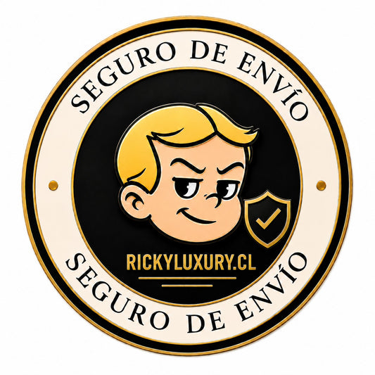 Emblema circular de Ricky Luxury para seguro de envío con icono de niño y escudo de verificación en negro y dorado