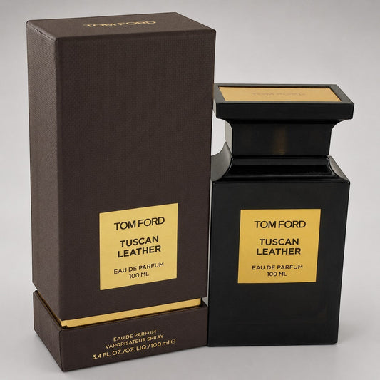 Perfume Tom Ford Tuscan Leather de Ricky Luxury en frasco negro con caja marrón y detalles dorados de 100 ml