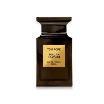 Frasco de perfume Tom Ford Tuscan Leather de Ricky Luxury en vidrio oscuro con etiqueta dorada elegante