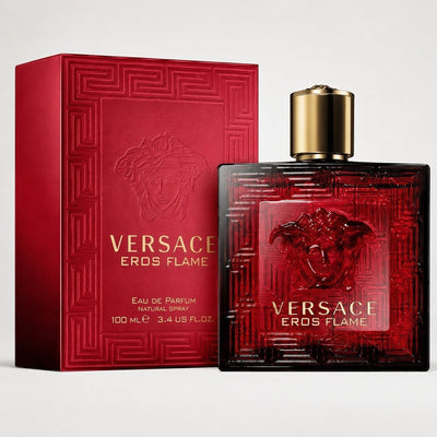 Perfume Versace Eros Flame de Ricky Luxury en frasco de vidrio rojo con caja a juego y detalles dorados de Medusa.