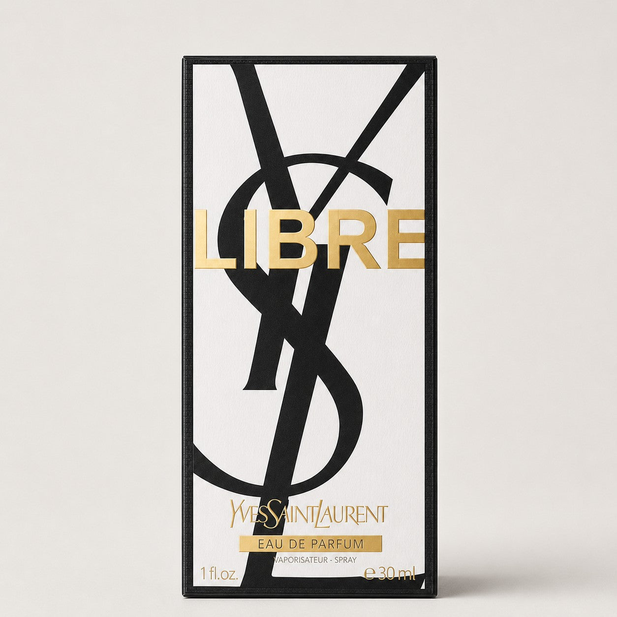 Caja de perfume Yves Saint Laurent Libre de 30 ml con diseño elegante en blanco, negro y letras doradas de Ricky Luxury